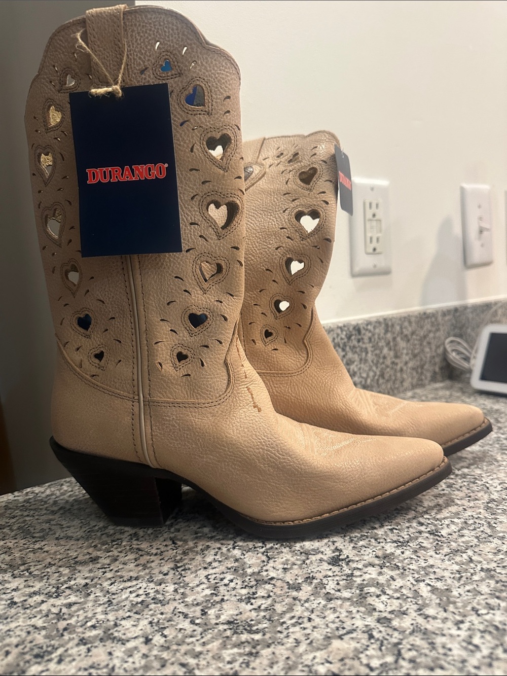 Durango Women's Beige Heart Cutout Leather Western Boots